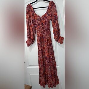 Angie Floral Print Boho Smocked Bust Maxi Dress Puffed Long Sleeve Women’s XS